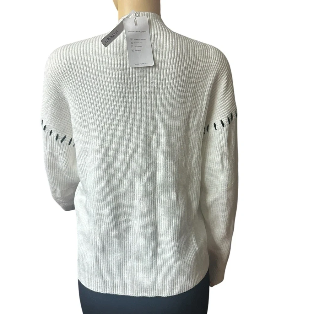 NWT Women’s Mock Neck White Sweater with Black Stitch Accents